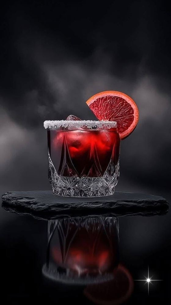 Drink vermelho com borda de sal e fatia de laranja sanguínea