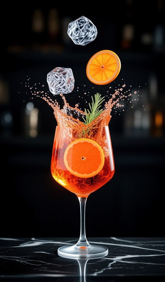 Aperol Spritz com respingos, gelo e fatias de laranja