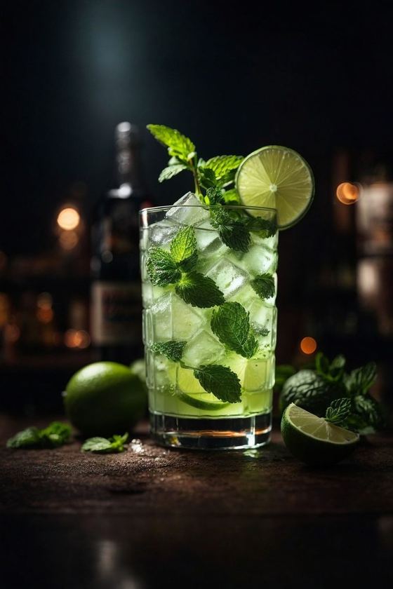 Mojito com hortelã fresca, gelo e limão